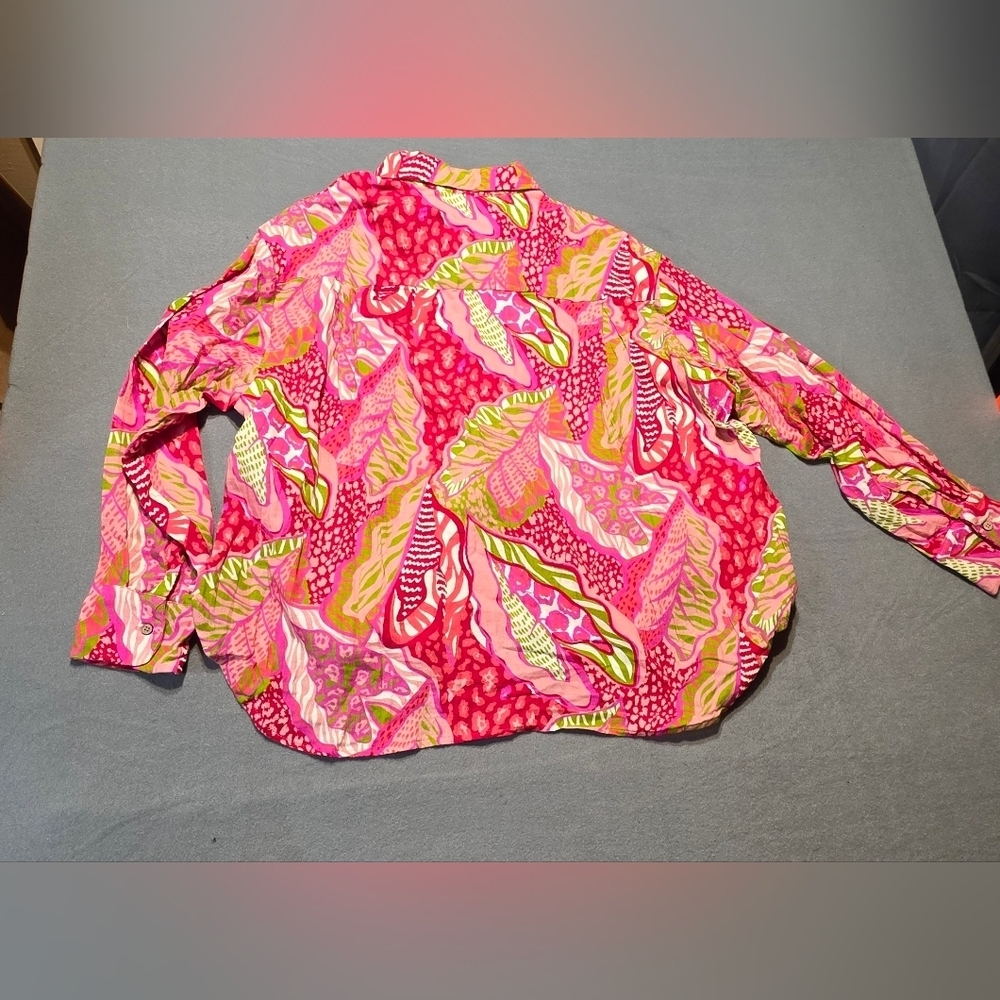 Peach Love California Red and Pink Tropical Blouse Muslin Material Small PTP 23 - Picture 3 of 8